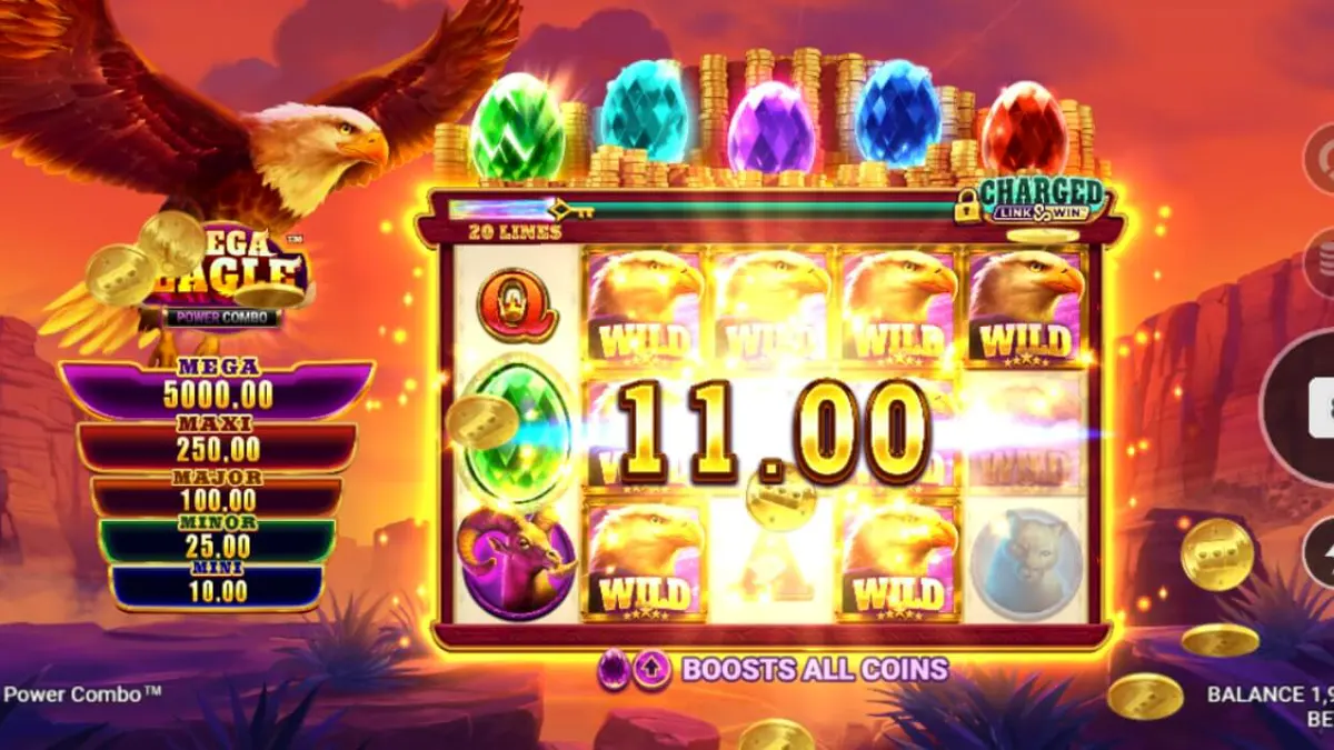 Interface do slot Mega Eagle Power Combo com tema de natureza selvagem