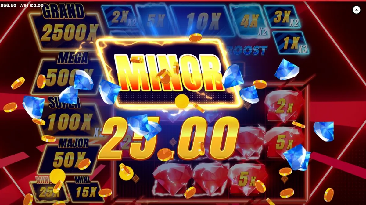 Interface neon do jogo de caça-níqueis Triple Cash Boost com diamantes brilhantes