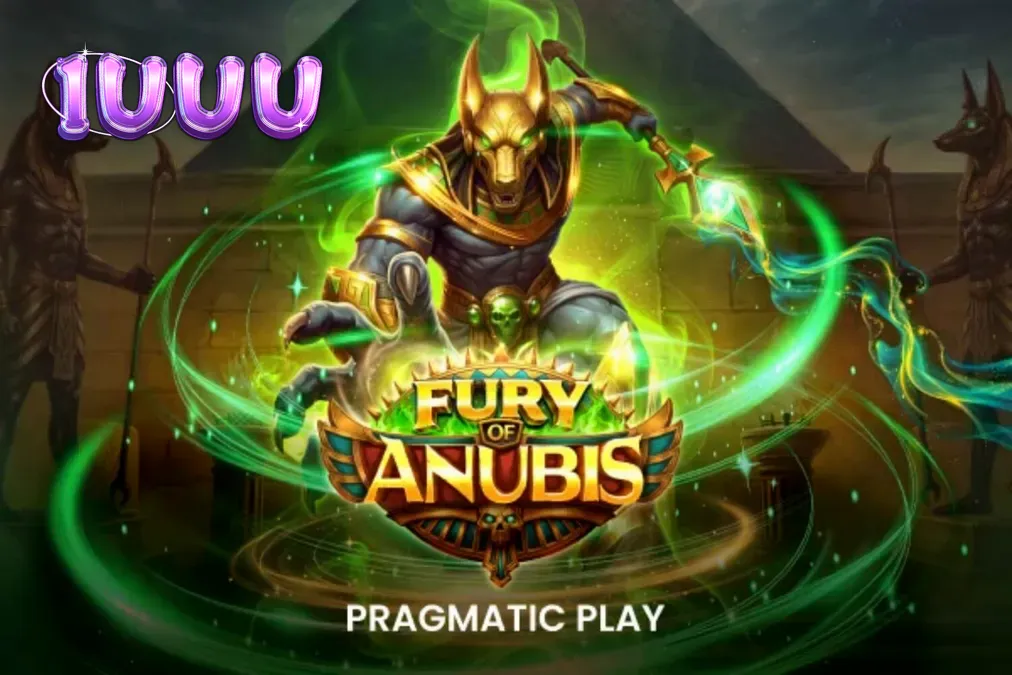 Cena dramática do jogo Fury of Anubis com o deus Anubis e símbolos egípcios